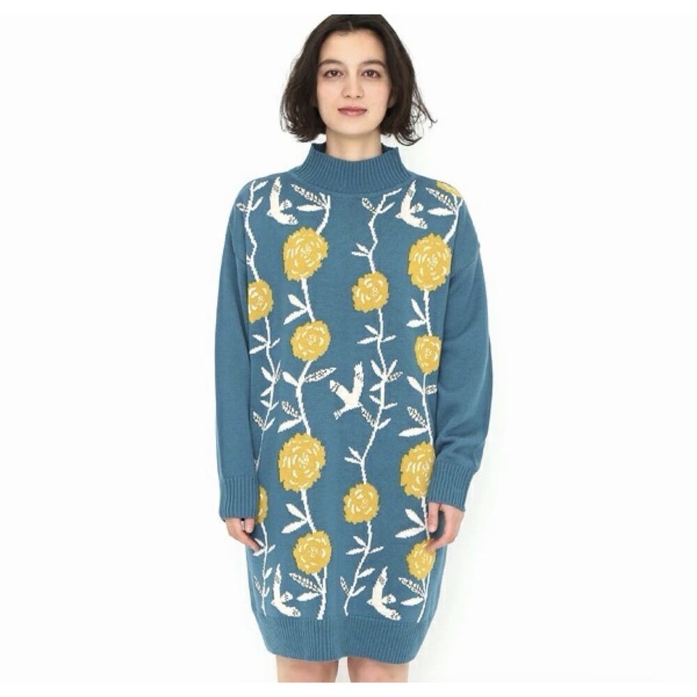 Coquette Sweater Dress M All Over Graphic Floral Birds Japanese Soft Girl Manga